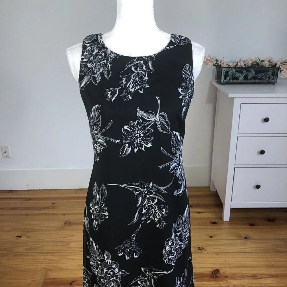 Vintageย 90s BlackโChiffon Floral Print Sheath Slip Dress 4 PetiteโSleeveless
